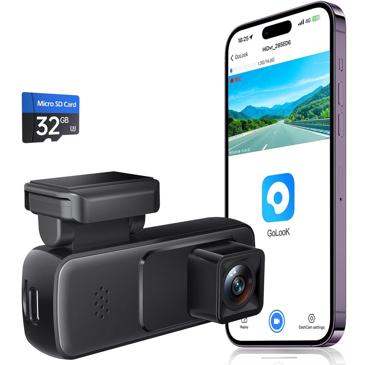 Seventour Mini 2K dash cam front wide-angle view captures broad road details.