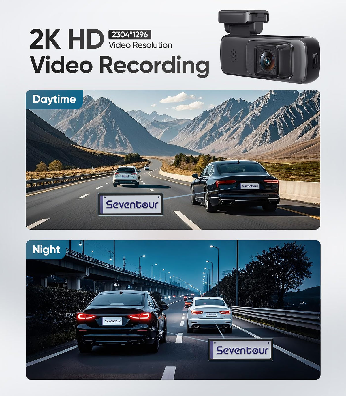 Seventour Mini 2K dash cam night vision enhances low-light footage.
