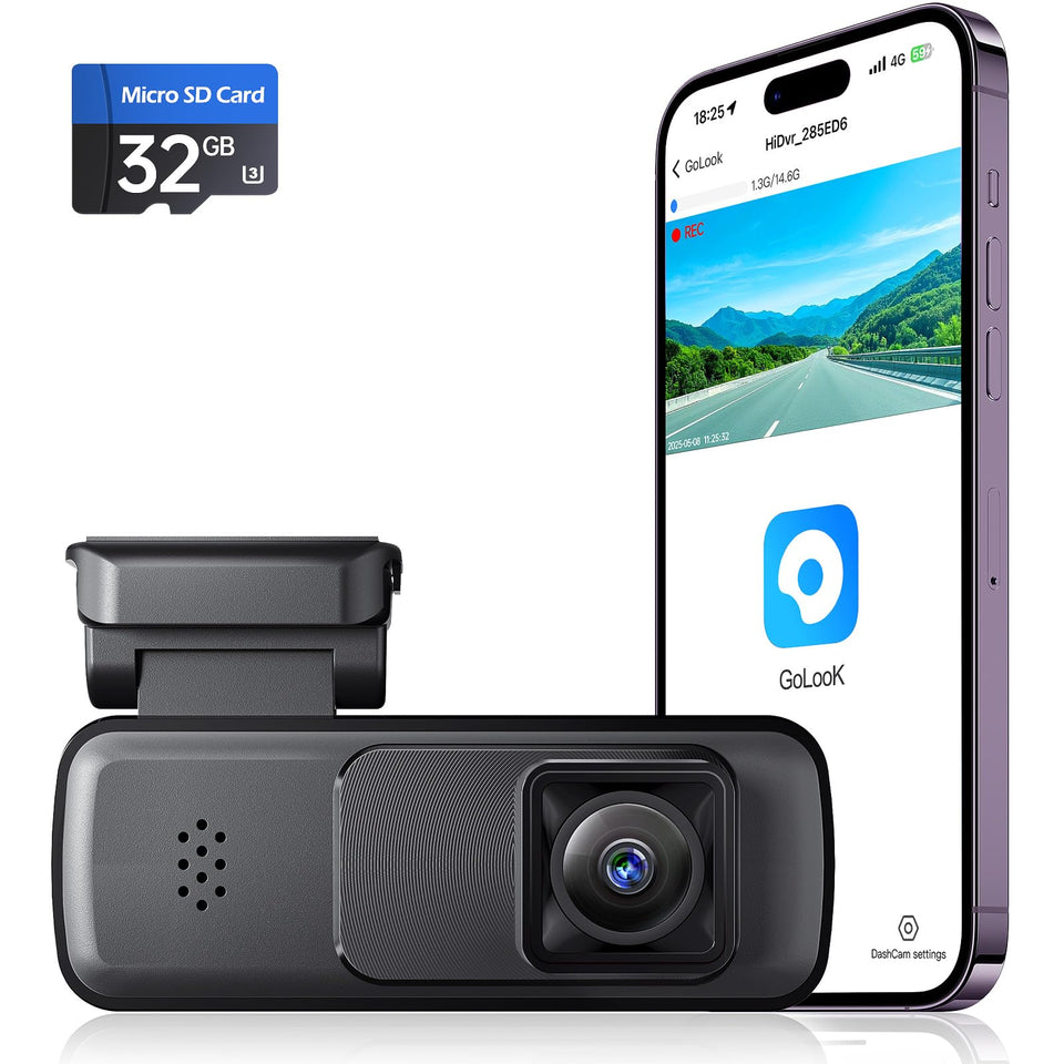 Seventour Mini Dash Cam front 2K with wide-angle view for clear road signs.