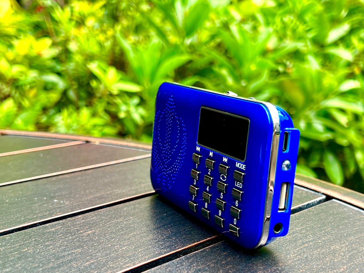 Sewa Gurmat Khazana blue radio showing pre-assigned Gurbani track buttons.