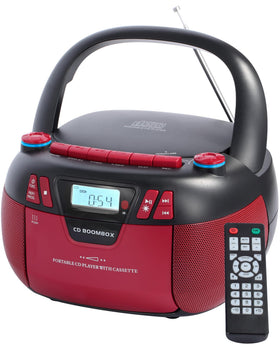 SFOOEOJ front view showing red boombox and speakers, delivering versatile playback