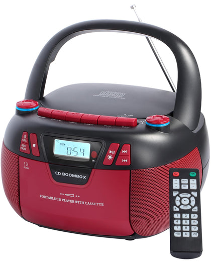SFOOEOJ front view showing red boombox and speakers, delivering versatile playback