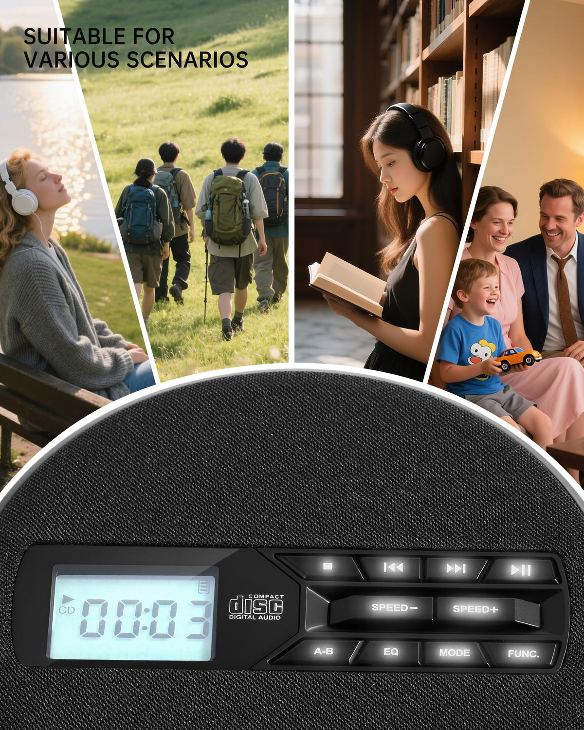 SFOOEOJ portable CD player in car demonstrating anti-skip stability on roads
