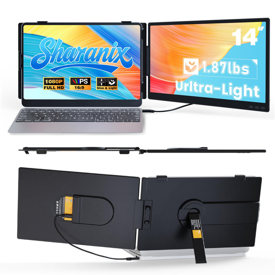 Sharanix laptop screen extender with 14-inch IPS display for crisp visuals on the go