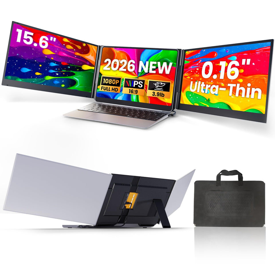 Sharanix triple-monitor laptop setup boosts on-the-go multitasking.