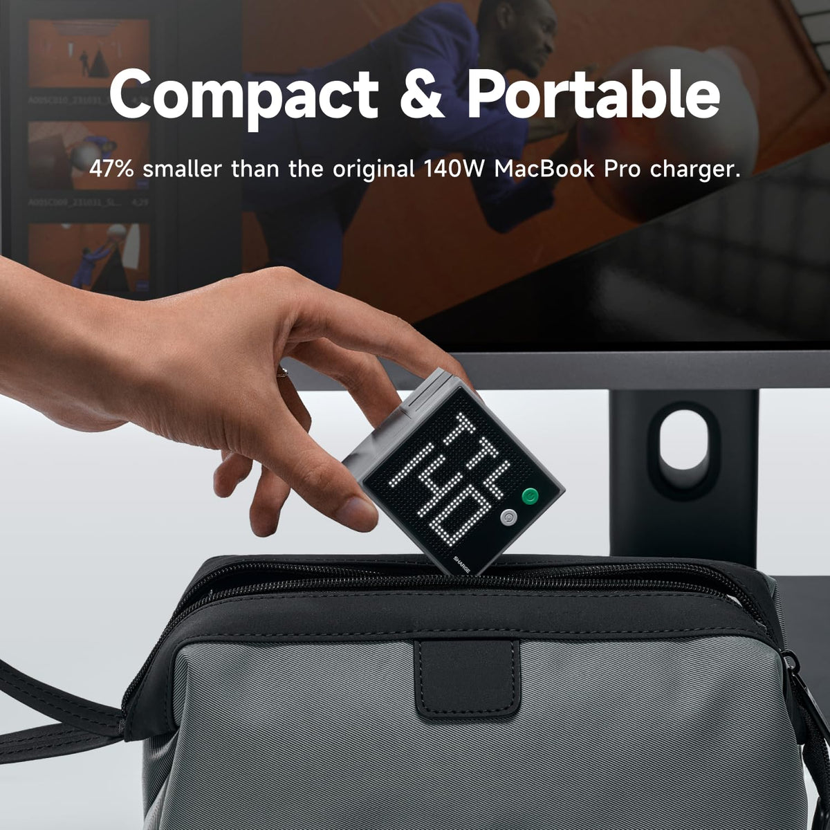 SHARGE Pixel 140 Charger in action with MacBook Pro for fast PD charging.