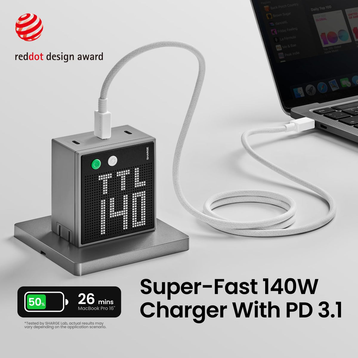 SHARGE Pixel 140 Charger three ports enabled for simultaneous charging.