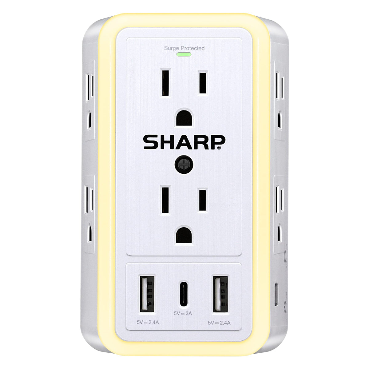 Sharp wall charger with six wide-spaced outlets for bulky adapters.