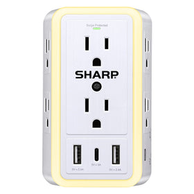 Sharp wall charger with six wide-spaced outlets for bulky adapters.