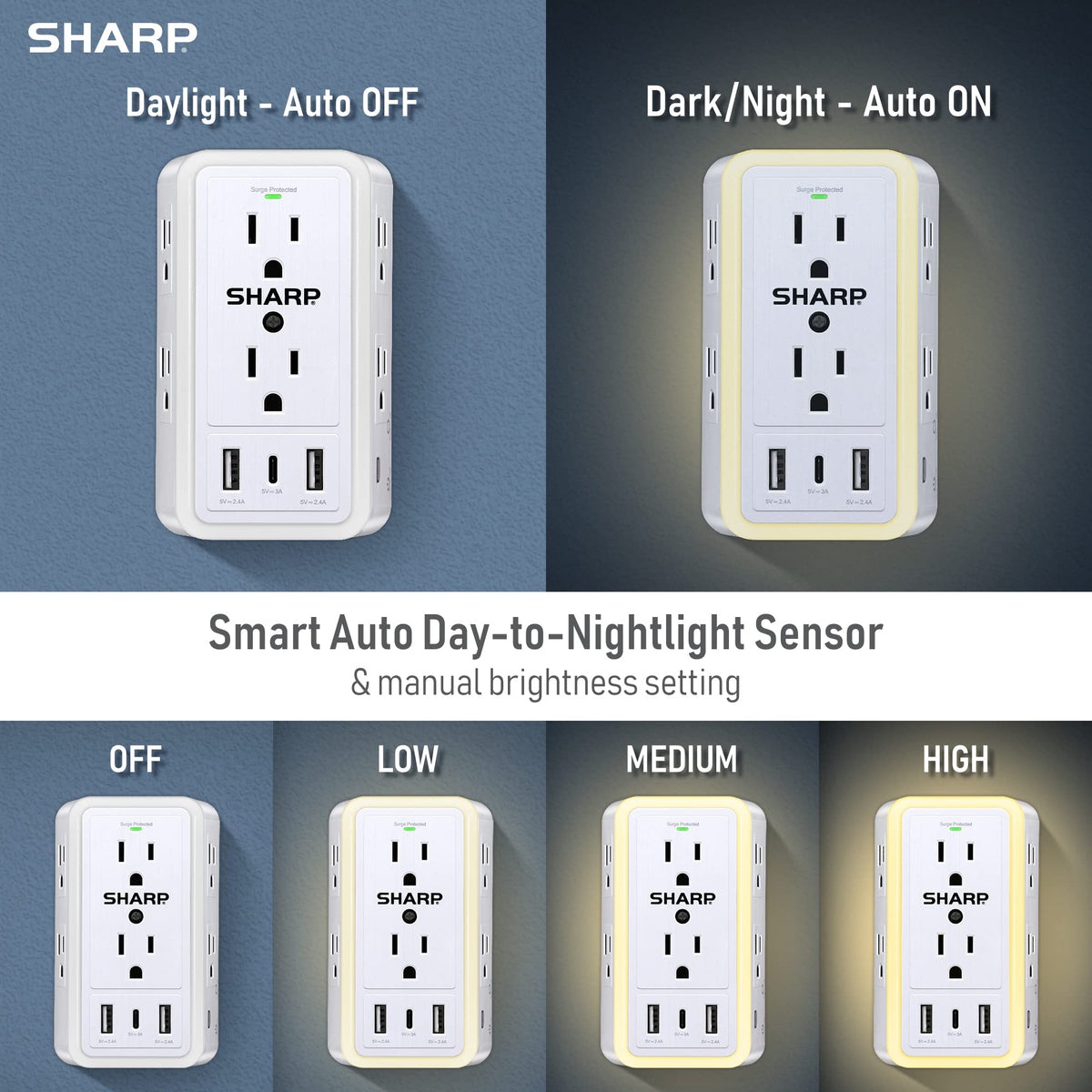Sharp nightlight offers four brightness levels for customizable ambience.