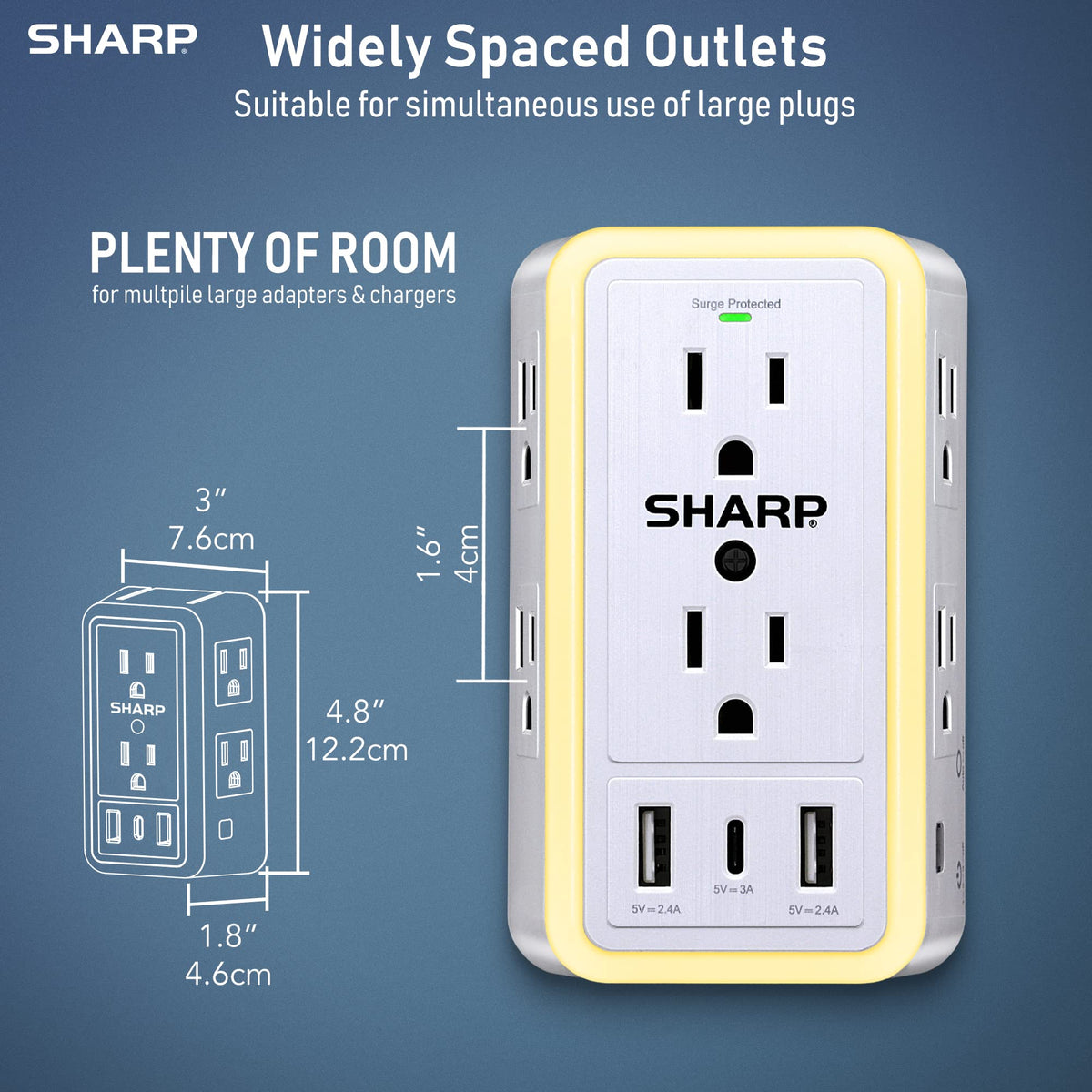 Sharp surge protector keeps devices safe from power spikes.