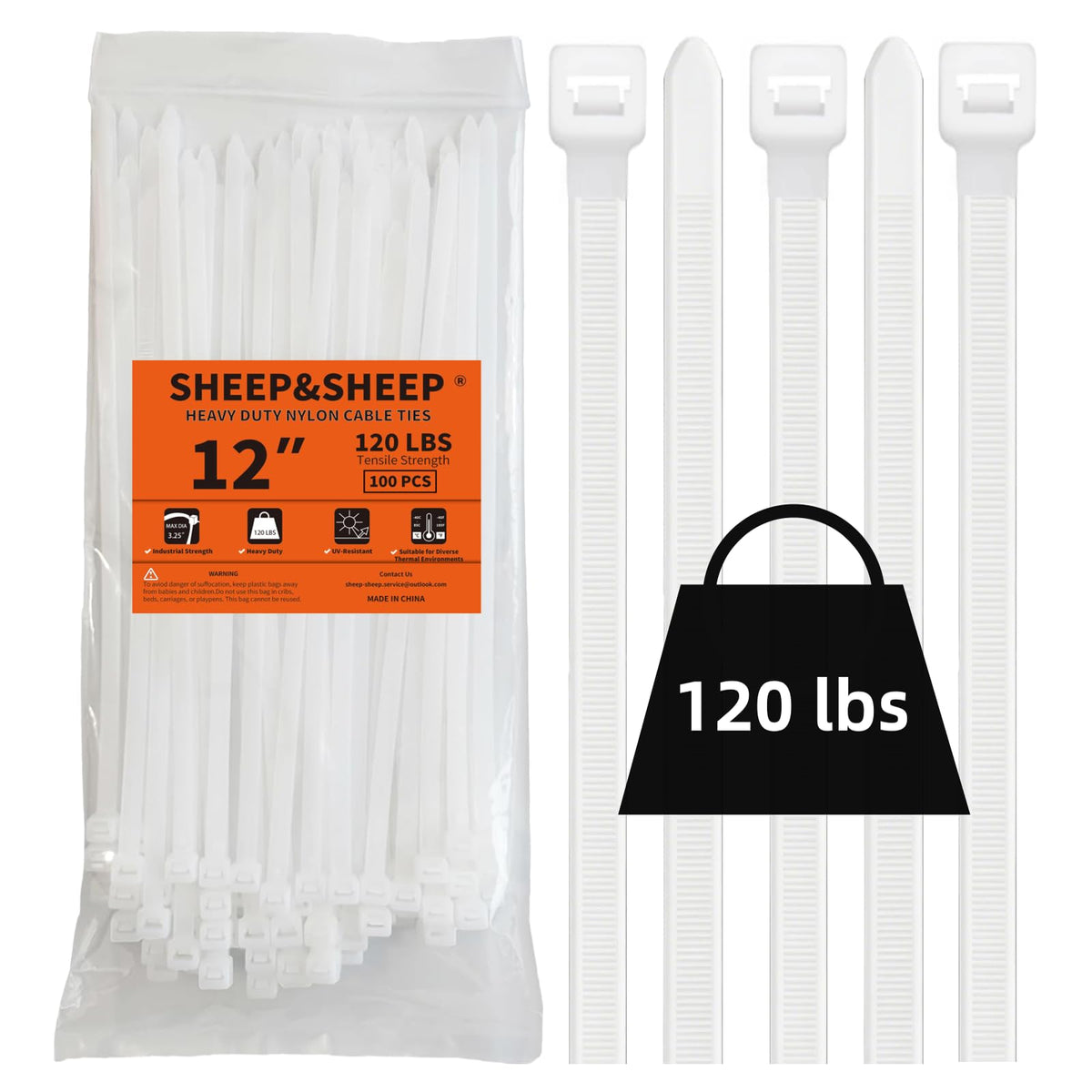 SHEEP&SHEEP front packaging of 12 inch zip ties showing pack quantity and size, durable supply