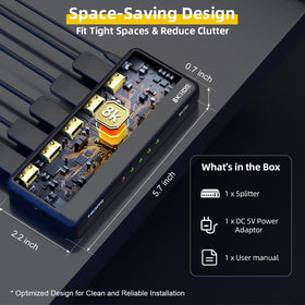 SHERRIVA 8K splitter box contents include power adapter and manual.