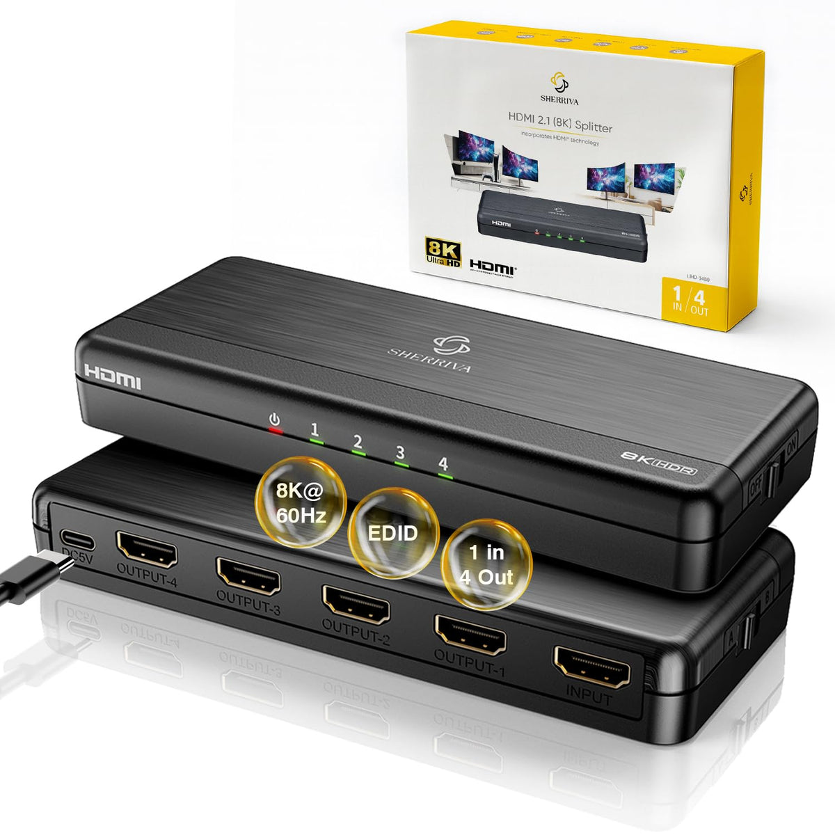 SHERRIVA 8K splitter front view showing compact design for versatile installs.