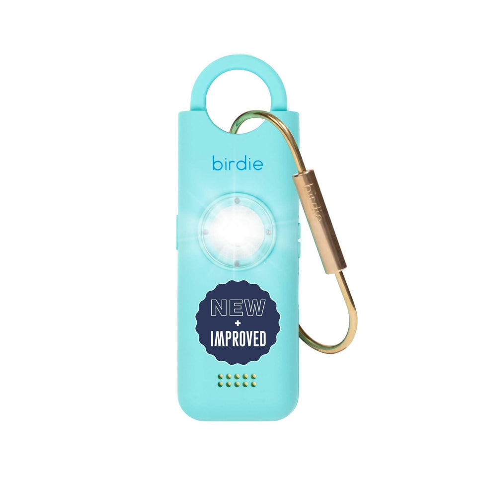 She’s Birdie aqua blue front view showing compact alarm and bright color for quick identification