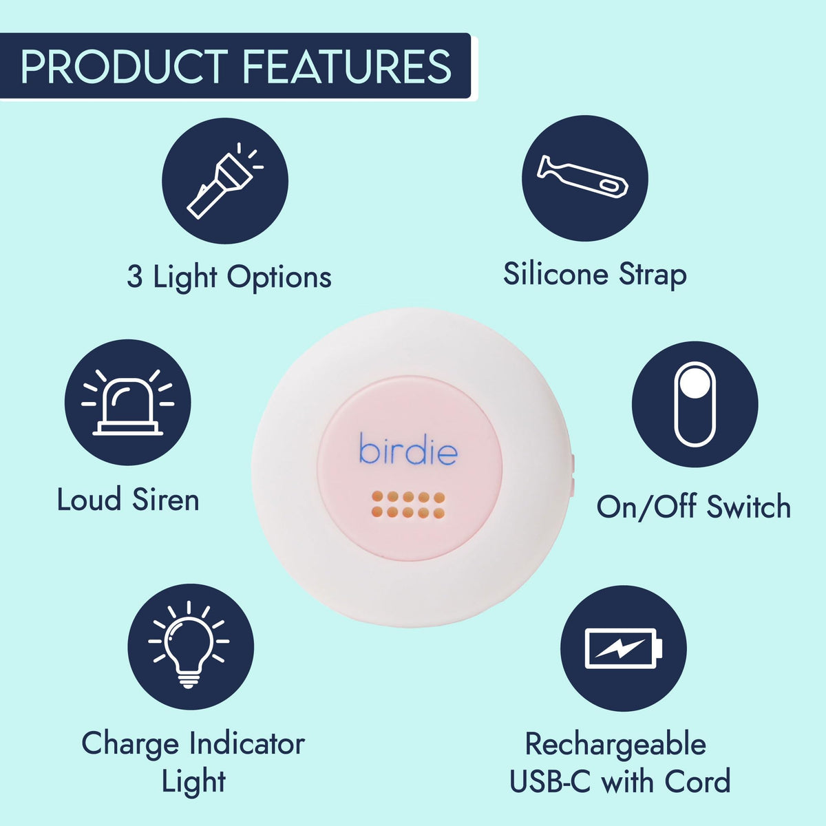 She's Birdie close-up of activation button and LED offering quick, visible alerts