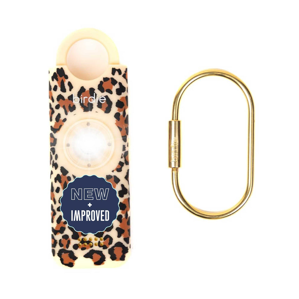 She’s Birdie cheetah front view showing compact alarm and stylish design benefit