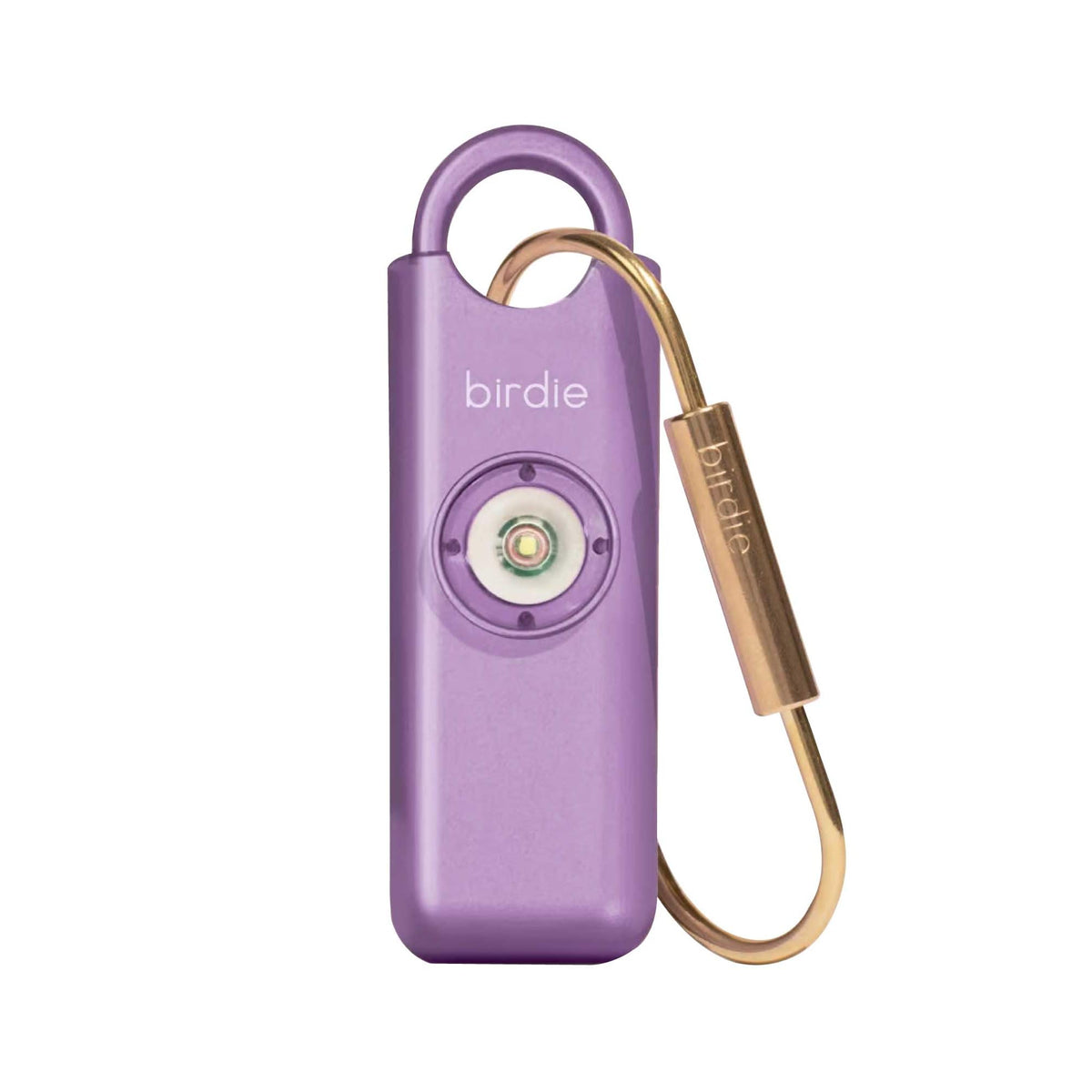 She’s Birdie metallic lavender front view showing compact alarm and key ring benefit visibility