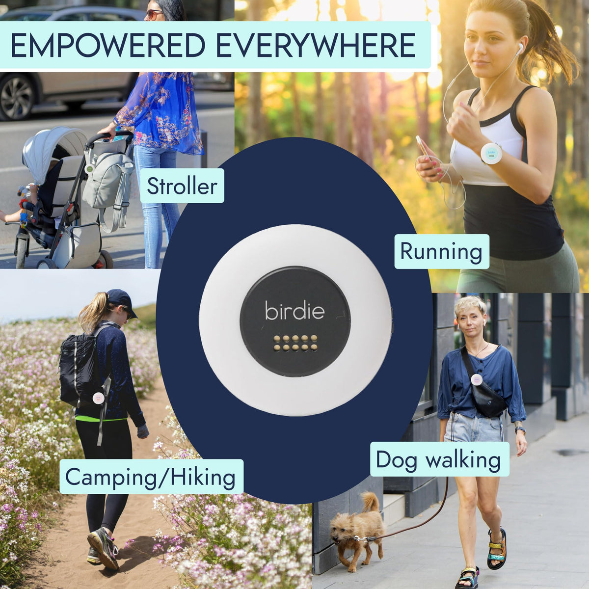 She's Birdie mounted on stroller strap for caregiver peace-of-mind benefit