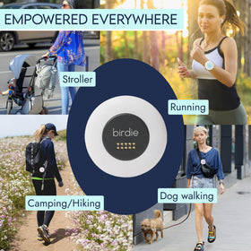 She's Birdie mounted on stroller strap for caregiver peace-of-mind benefit