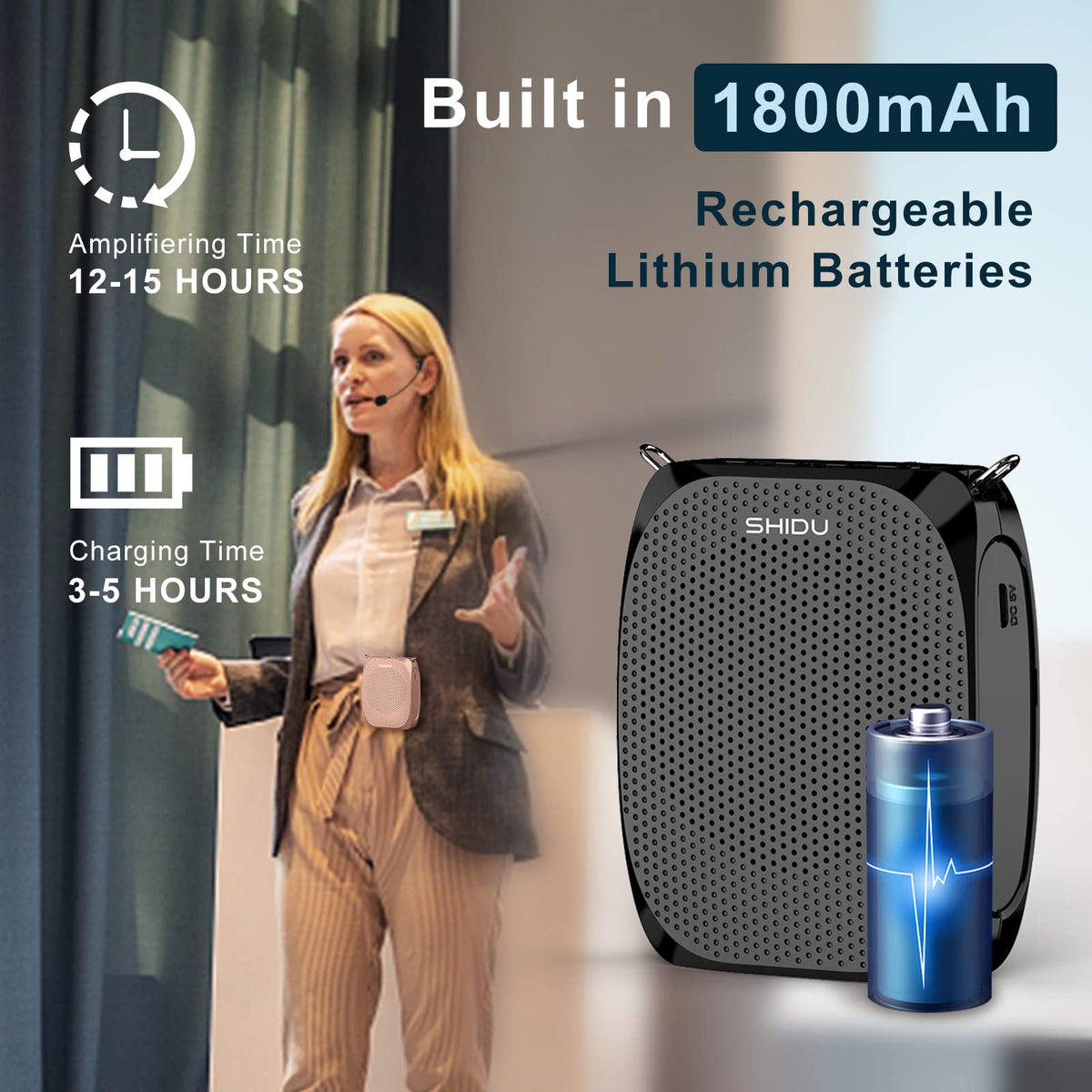 SHIDU amplifier clipped to belt demonstrating hands-free carrying benefit