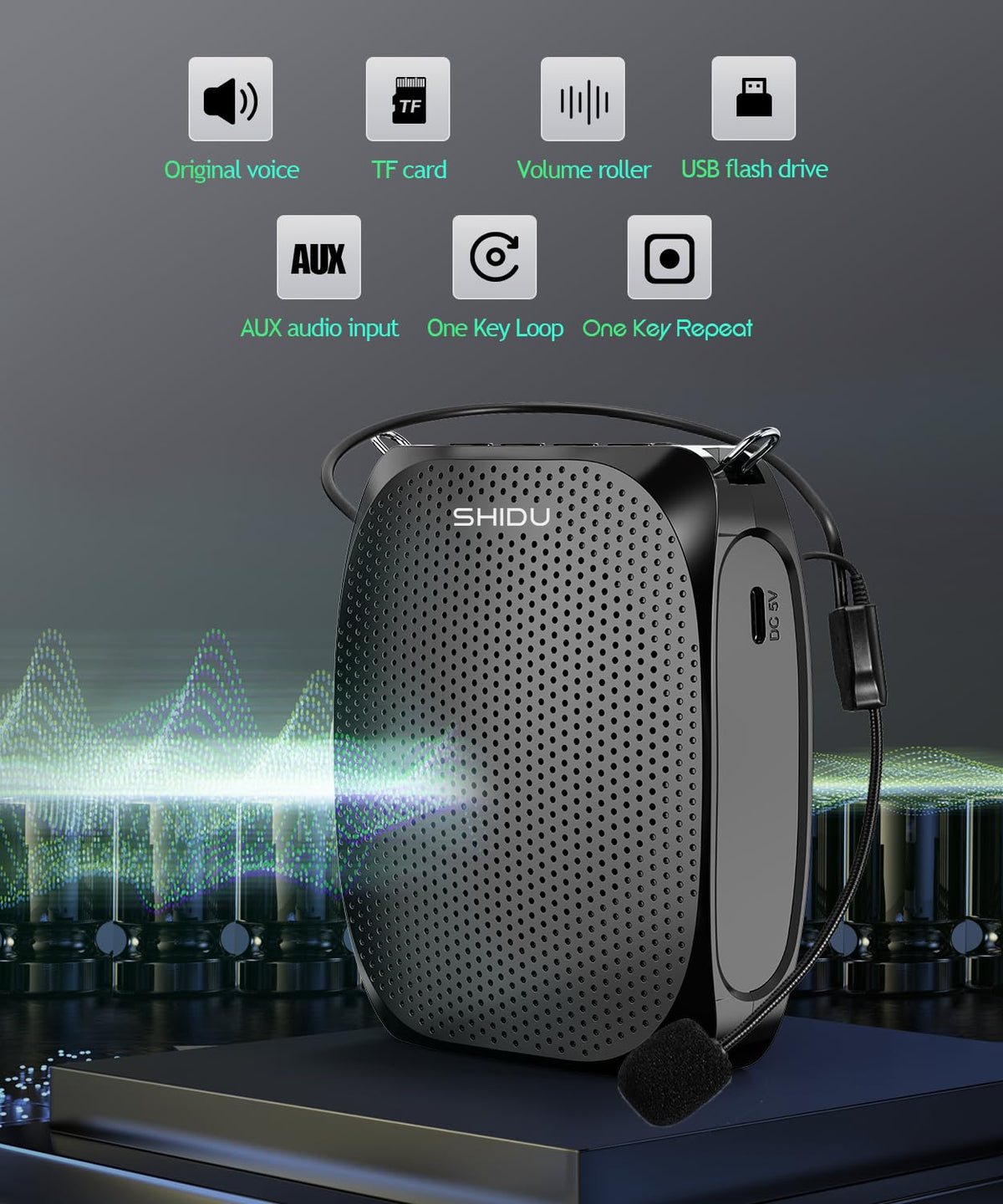 SHIDU device with TF card inserted showing easy music playback benefit