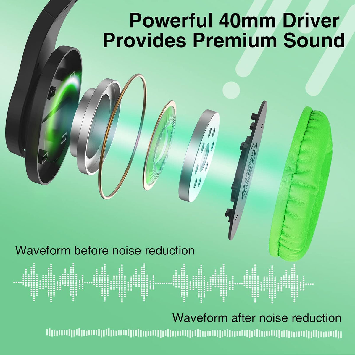 ShinePick Kids headphones green angled view shows compact build for school use
