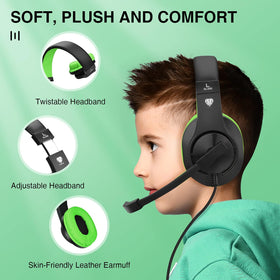 ShinePick Kids headphones green cable-mic demonstrates easy mute and volume control