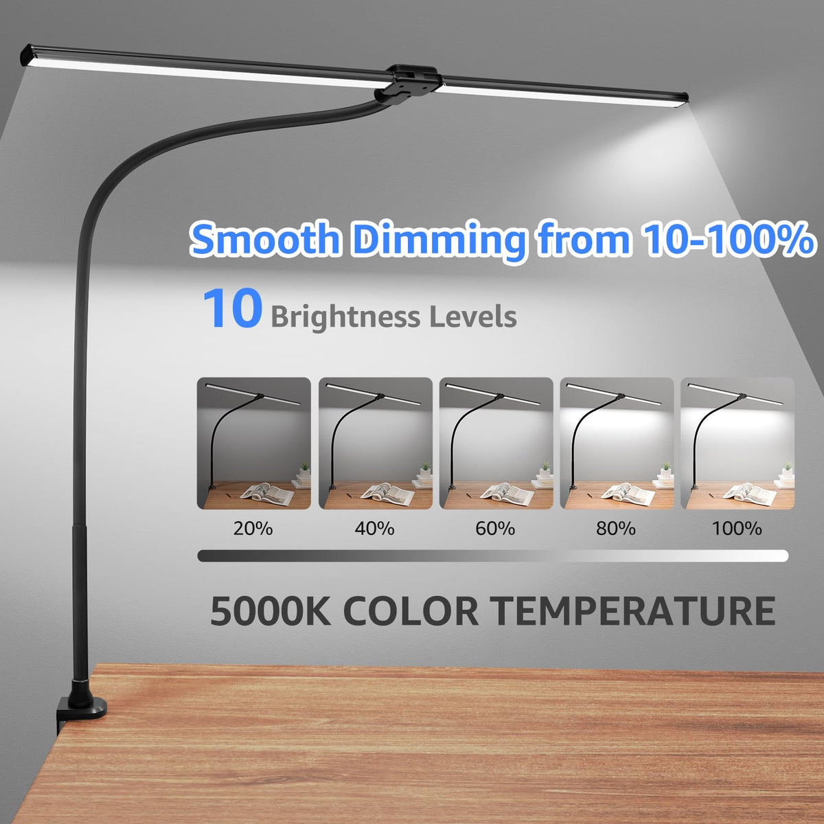 ShineTech desk lamp shows clamp attachment secured to a desk edge.