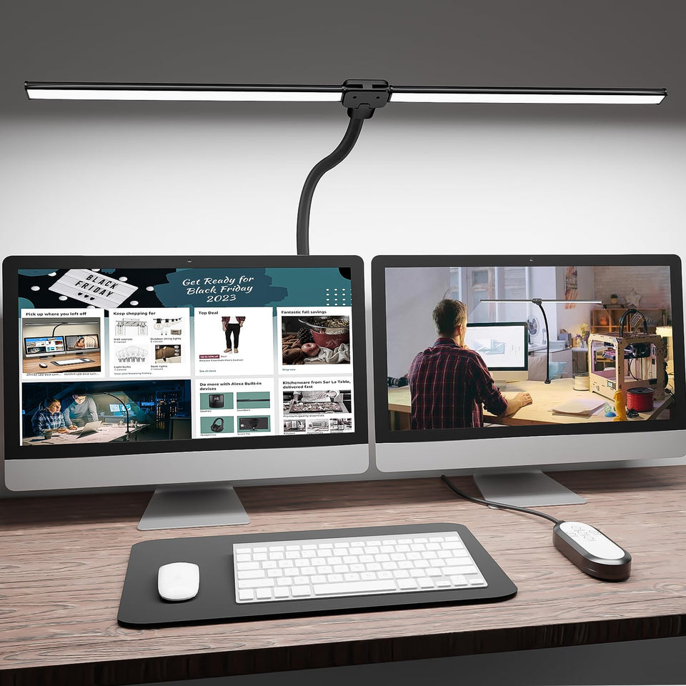 ShineTech double-head desk lamp illuminates wide workspaces with a bright LED bar.