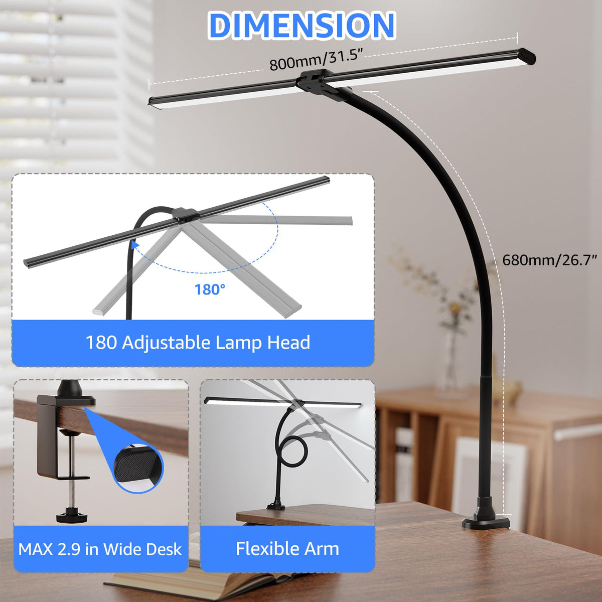 ShineTech clamp with silicone padding protects desk surfaces during use.