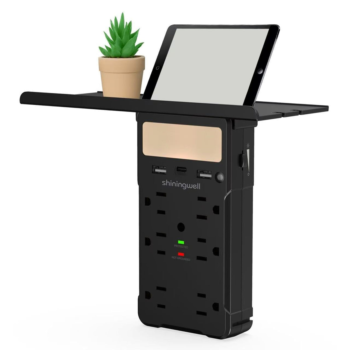 shiningwell front view mounted showing multiple outlets and shelf benefit