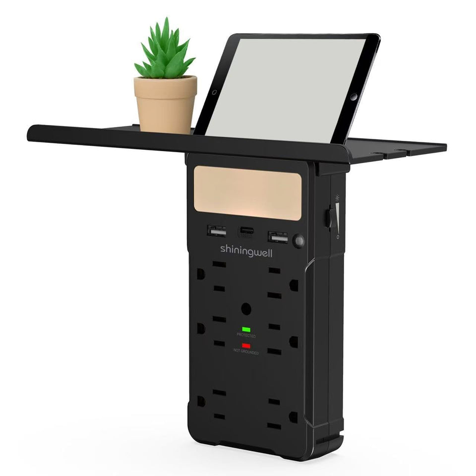 shiningwell front view mounted showing multiple outlets and shelf benefit