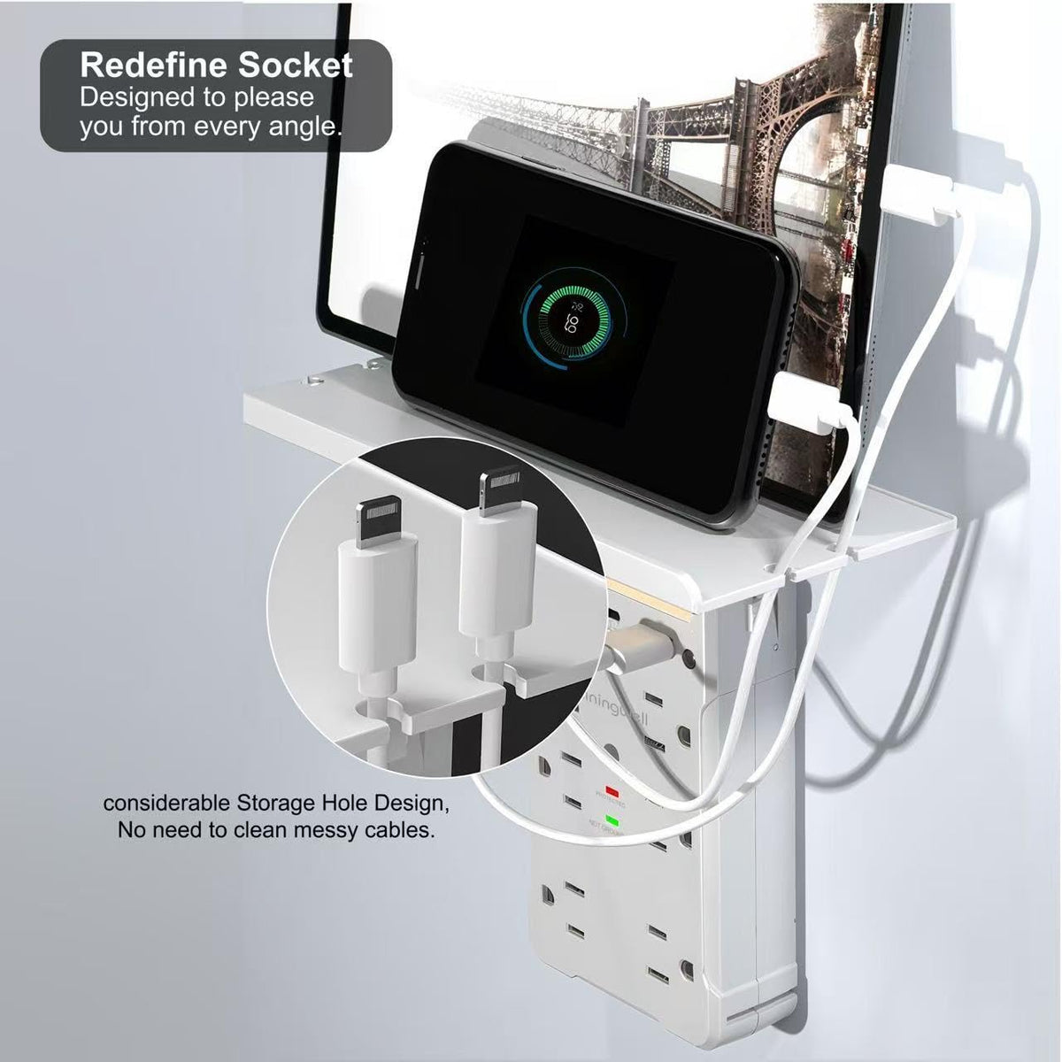shiningwell shelf holding phone and speaker showing organized charging