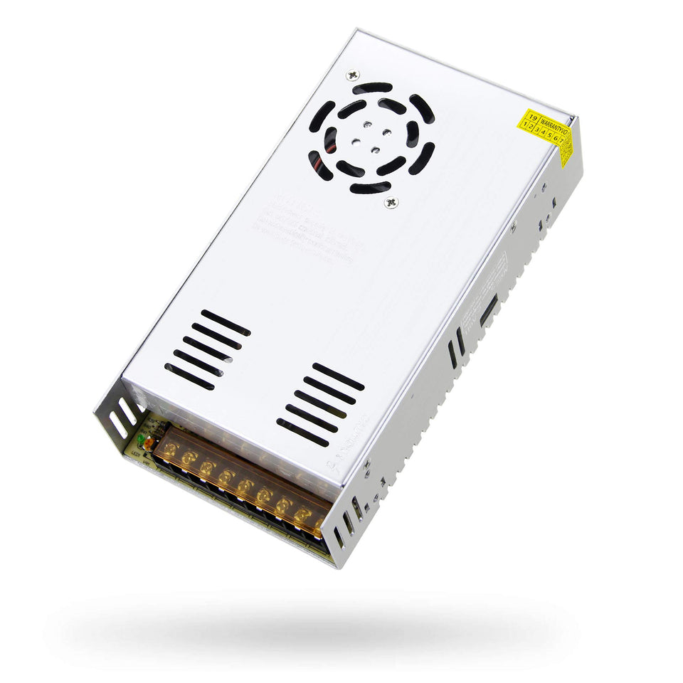 SHNITPWR 24V power supply front view showing compact design and branding for stable LED lighting.