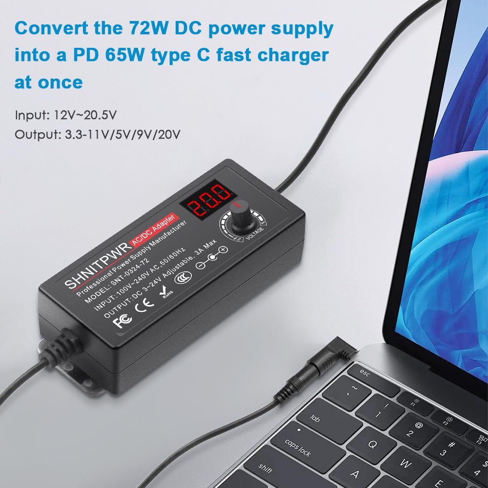 SHNITPWR adjustable DC output 3.5–24V for precise device power.