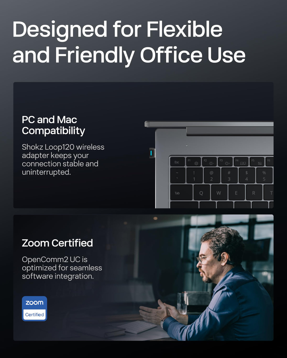 SHOKZ OpenComm2 UC USB-A dongle connects to PC or Mac smoothly