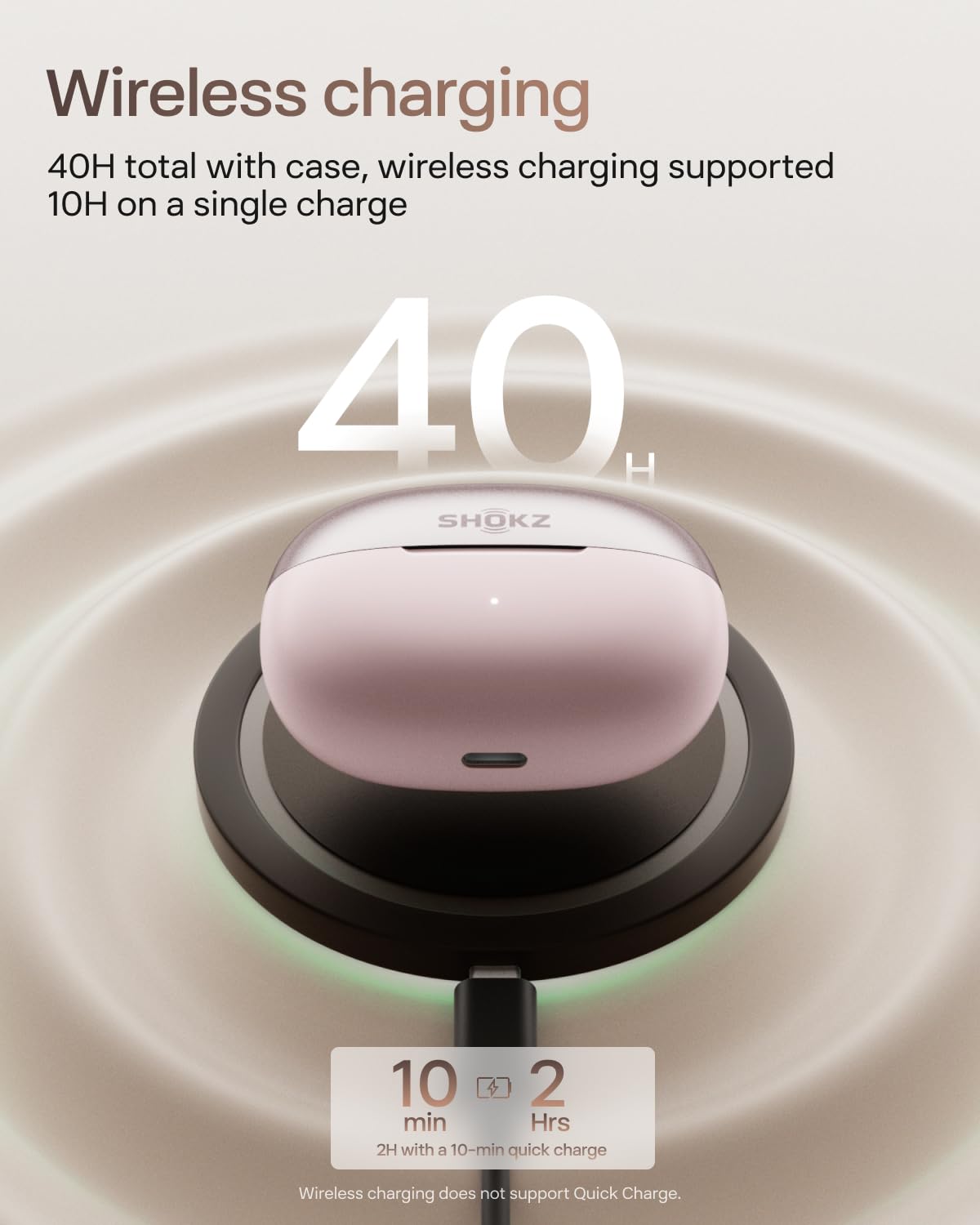 Shokz OpenDots One 10-minute quick charge adds two hours.