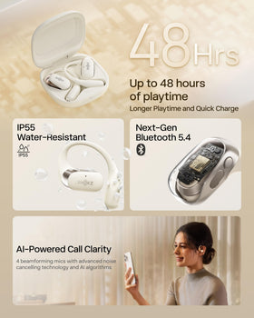 SHOKZ OpenFit 2 long battery life supports hours of listening per charge.