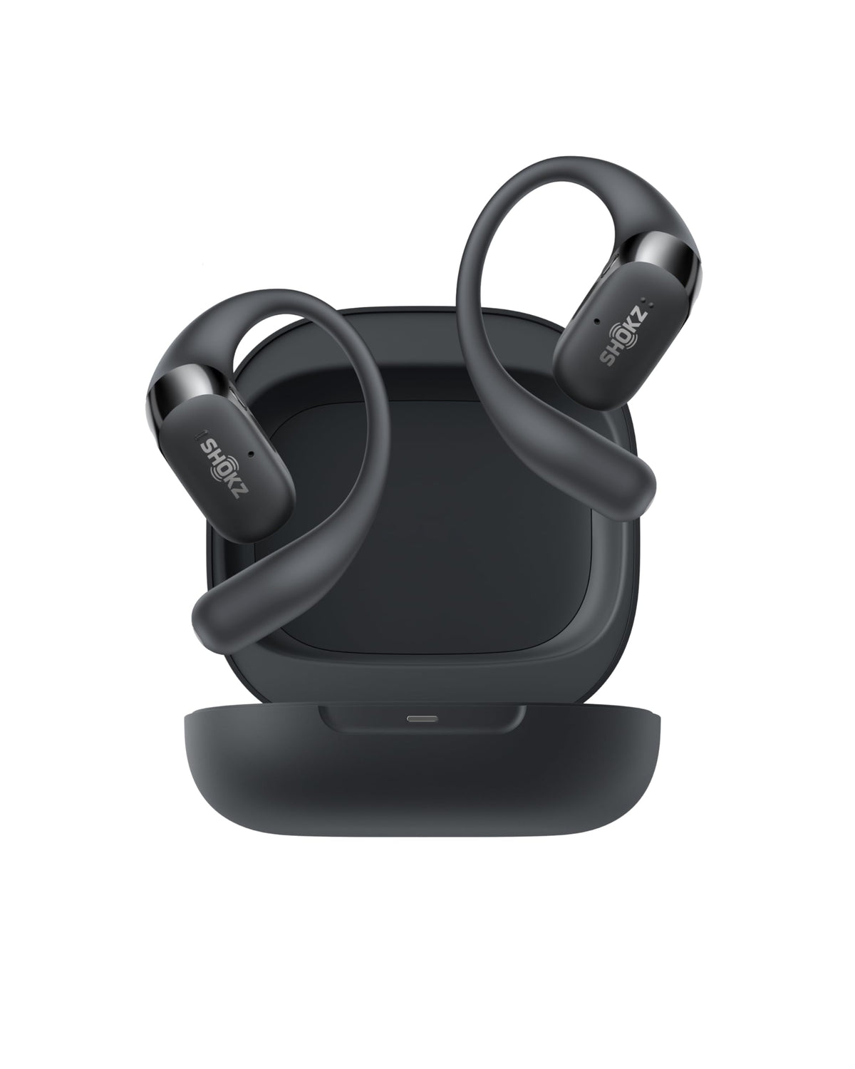 SHOKZ OpenFit 2 open-ear headphones in case for portable charging.