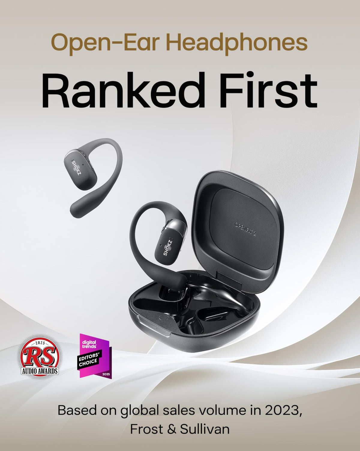 SHOKZ OpenFit 2 worn with ergonomic earhooks for all-day comfort.