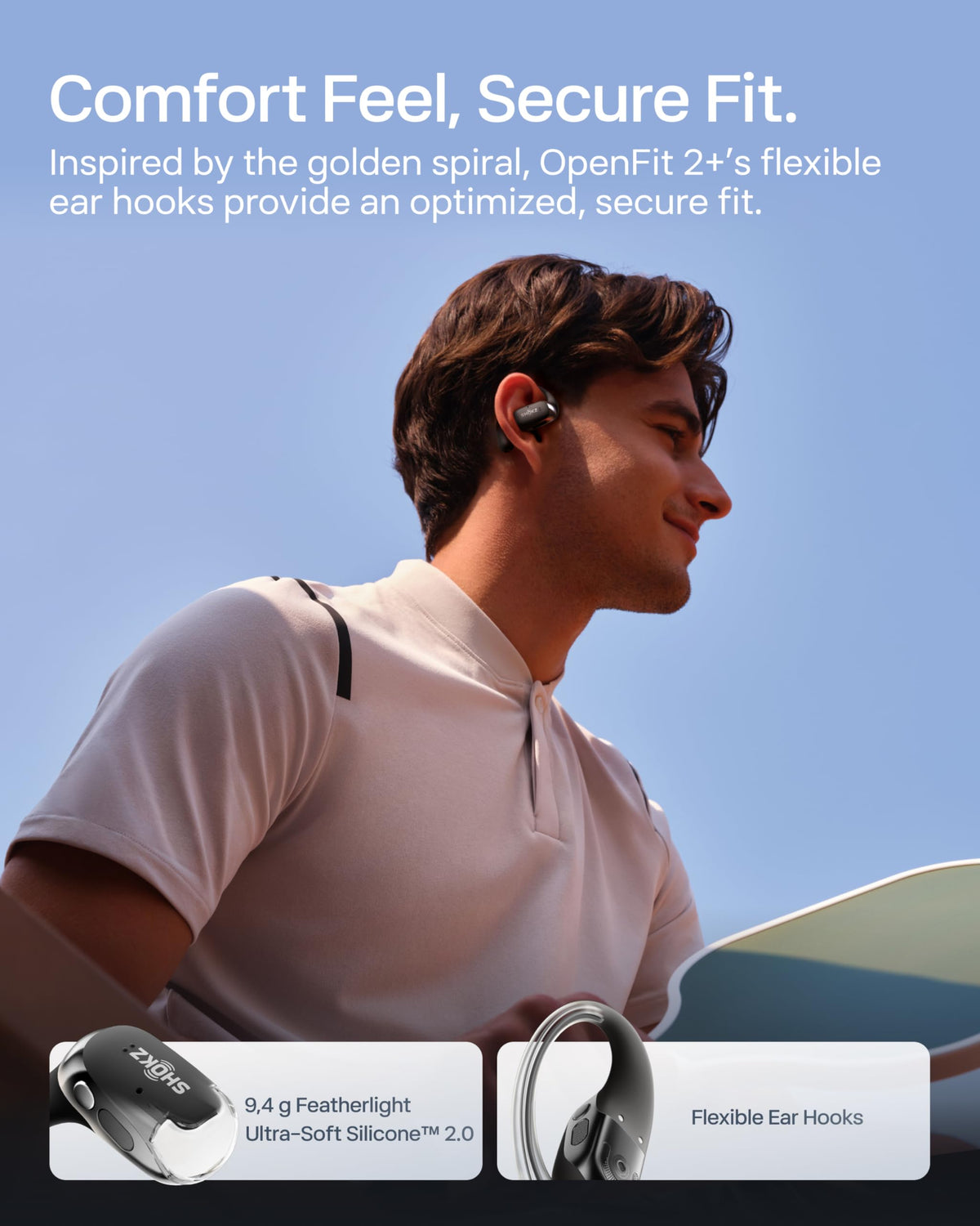 SHOKZ OpenFit 2+ 11h battery image showcasing long listening sessions