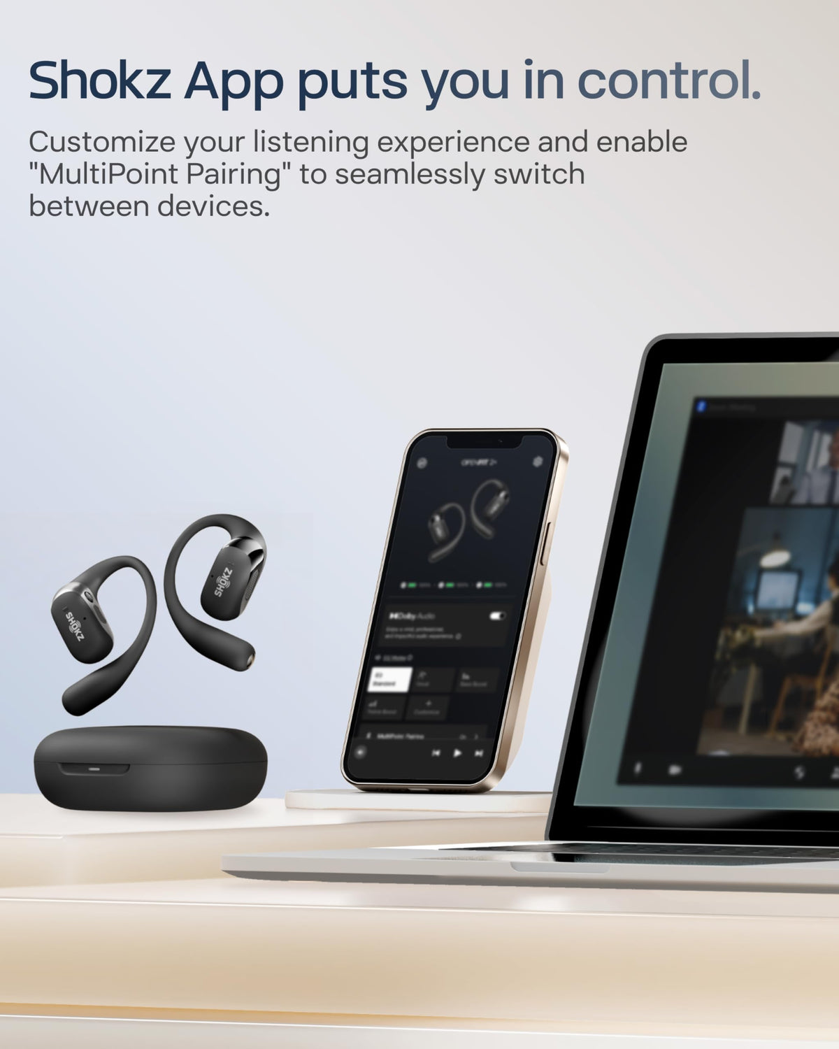 SHOKZ OpenFit 2+ multi-device pairing image for seamless transitions