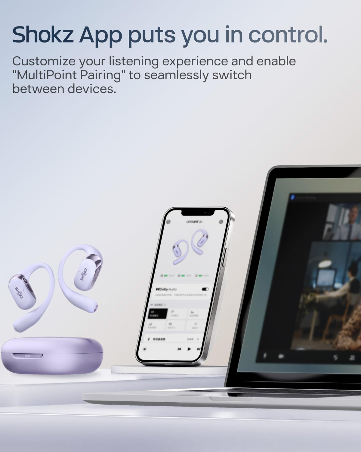 SHOKZ OpenFit 2Plus AI microphones filter noise for clearer calls in busy spaces.