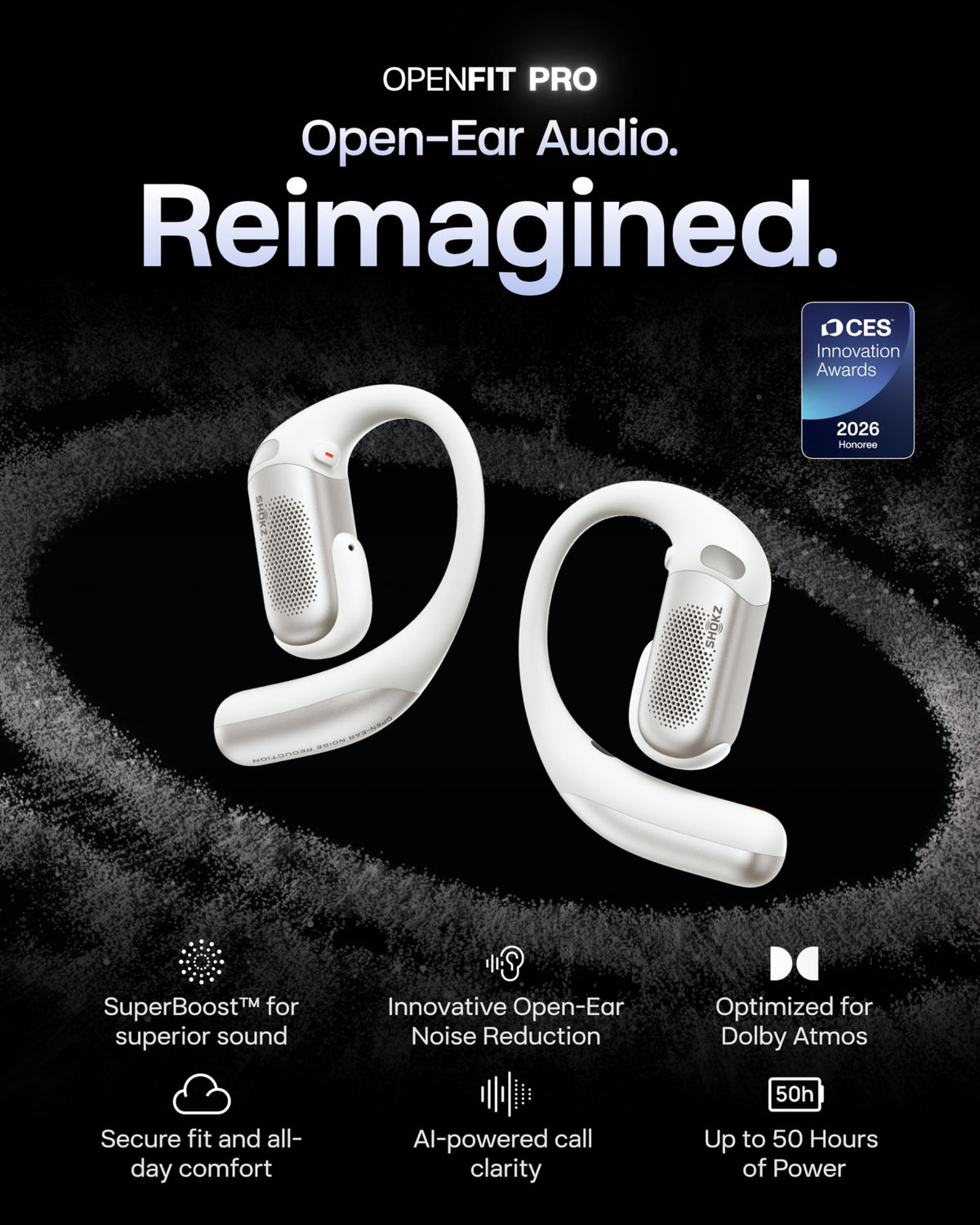 SHOKZ OpenFit Pro Dolby Atmos sound with deep bass clarity.