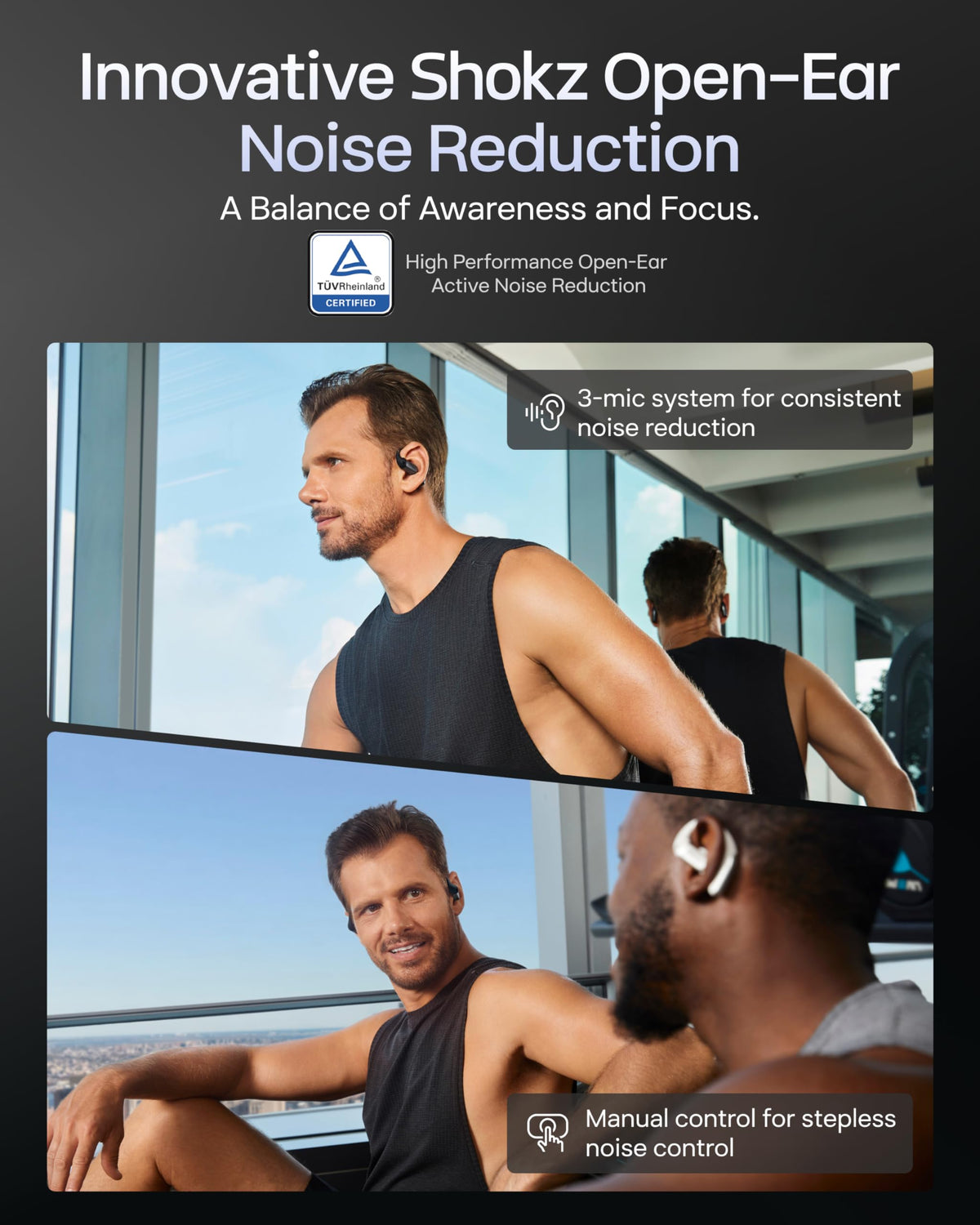 SHOKZ OpenFit Pro open-ear noise reduction visual for distraction-free focus.