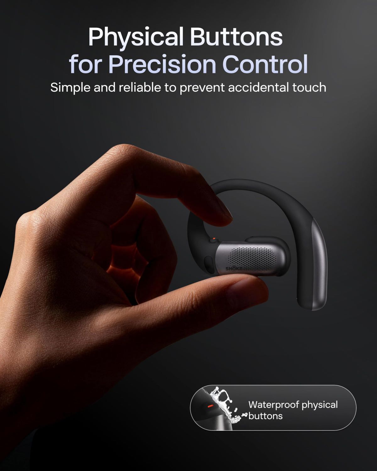 SHOKZ OpenFit Pro wear-detect feature shown with auto-pause during use.