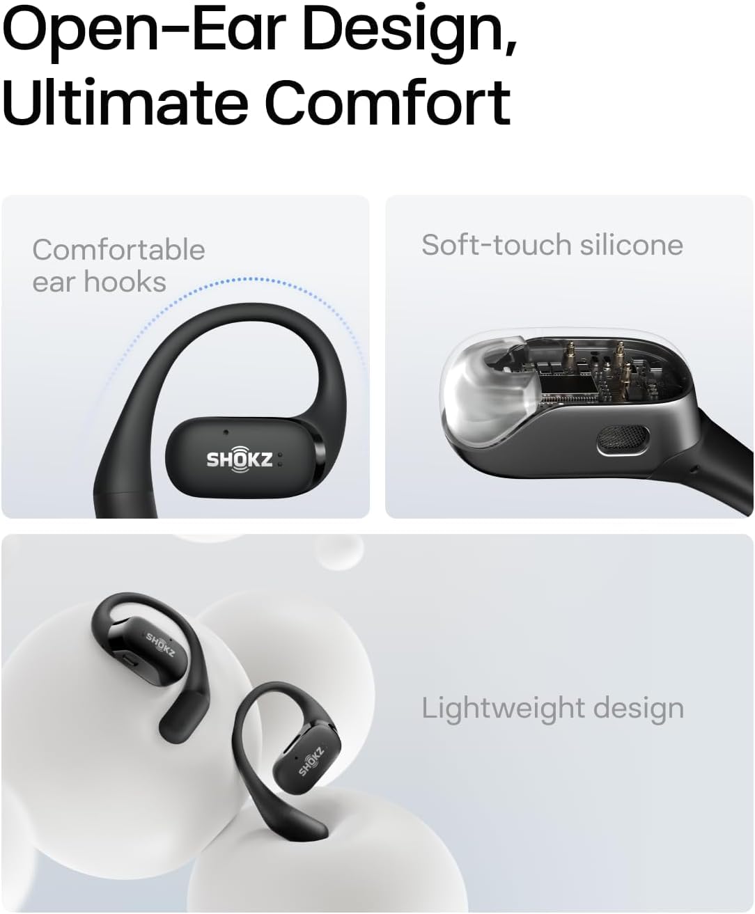 SHOKZ OpenFit ultra-soft silicone cushion enhances comfort during long listening sessions.