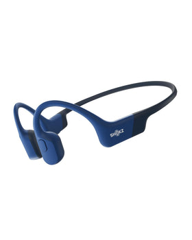 SHOKZ OpenRun blue headband close-up showcasing lightweight open-ear design for workouts.