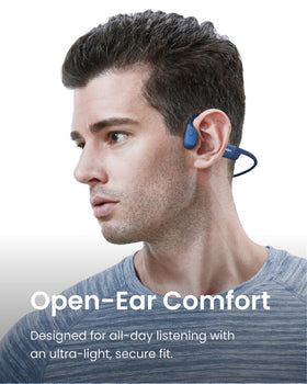 SHOKZ OpenRun bone-conduction sound blue enables open-ear awareness during runs.
